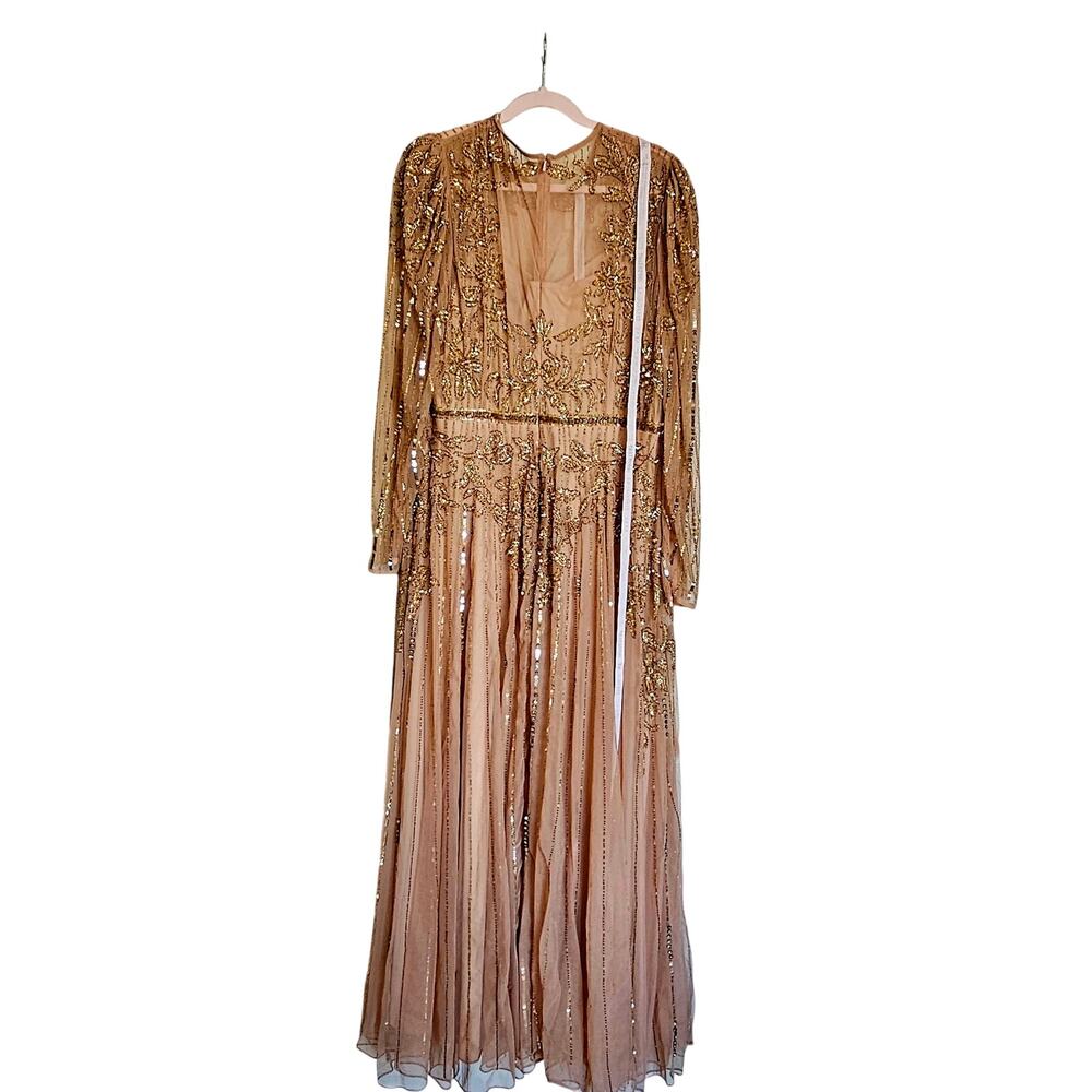 Mac Duggal Beaded Illusion Puff Sleeve Gown - Nude Gold Size 16 - NWT - Picture 7 of 14